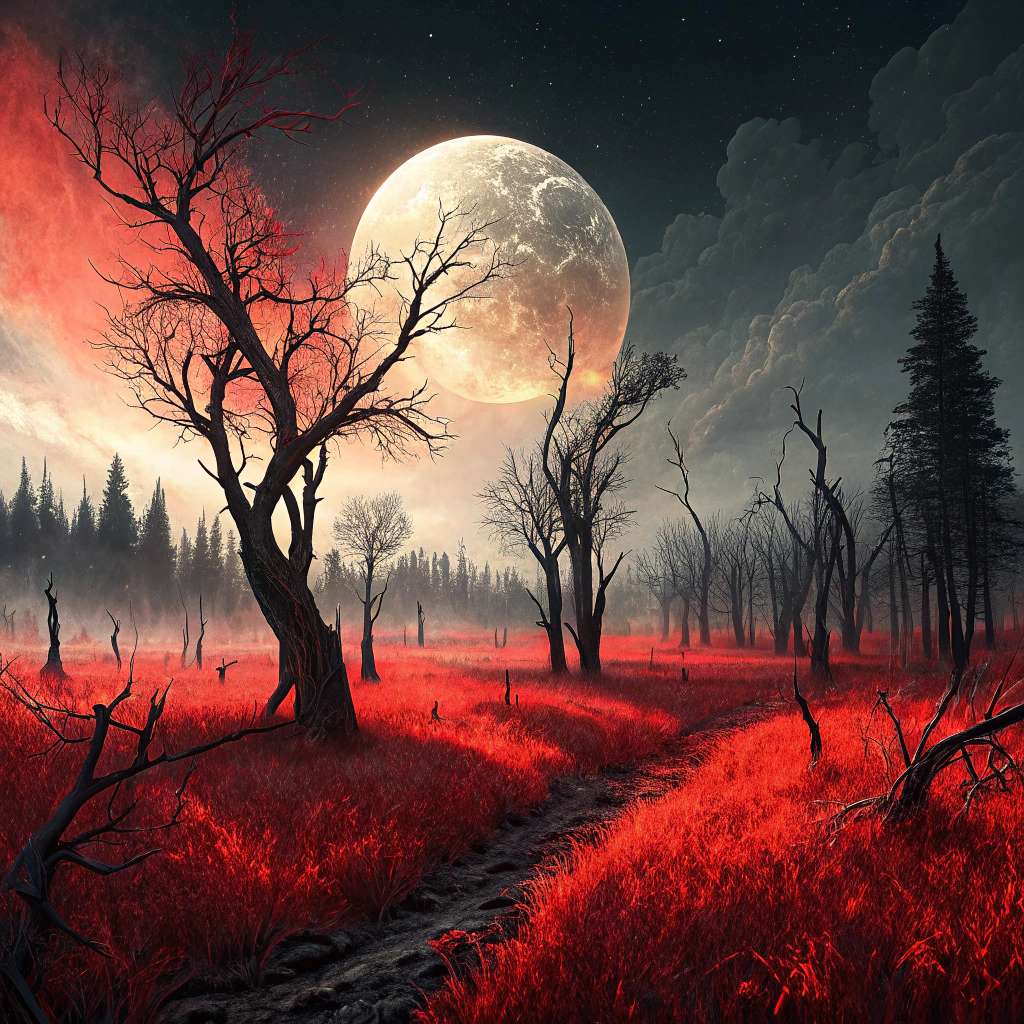 A hauntingly beautiful painting-style masterpiece in the surreal dark horror genre. The foreground is a vibrant and sharp-focused landscape with red grass, burnt black trees, and an intense contrast between the reds and blacks. The large red moon casts an eerie glow over the scene, bathing everything in an otherworldly light. The dynamic composition features perfect shading and atmospheric effects, creating a cinematic experience.