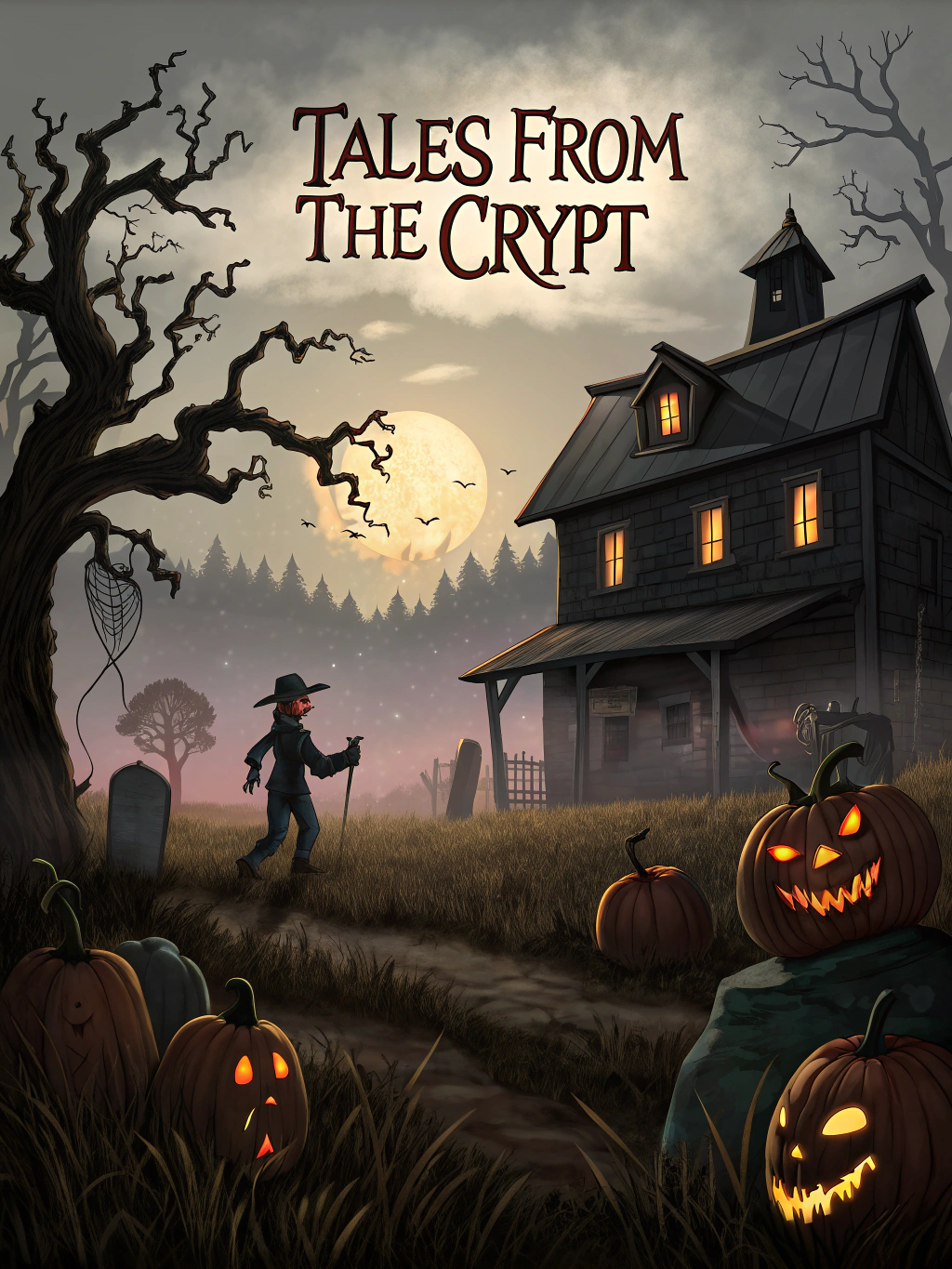 Cover o a halloween book named "Tales from the Crypt", with a dark farm setting, with pumpkins and macabre things